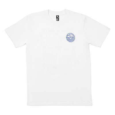 A white t-shirt with the White Mausu logo over the left chest in blue on a white background.
