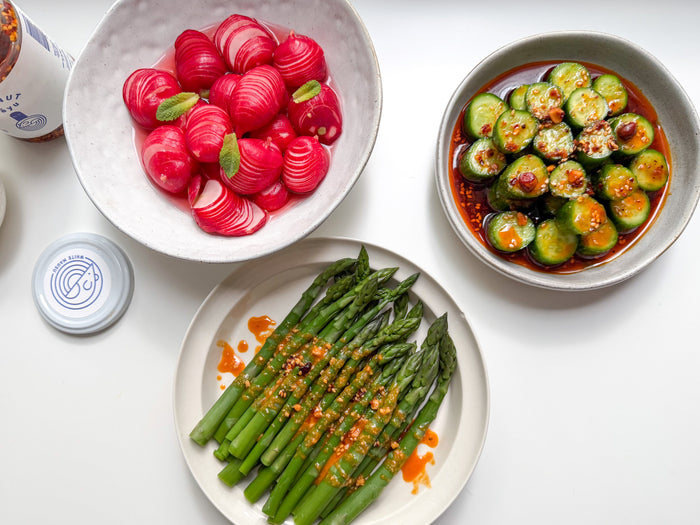 Spicy garlicky dressing and cucumber