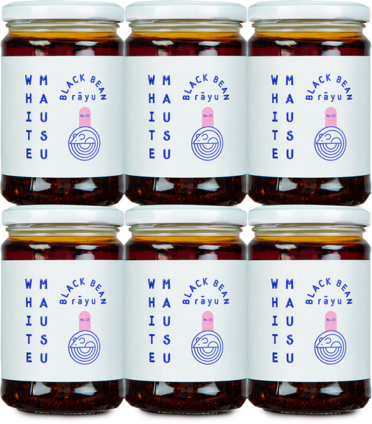 Six jars of White Mausu Black Bean Rāyu.