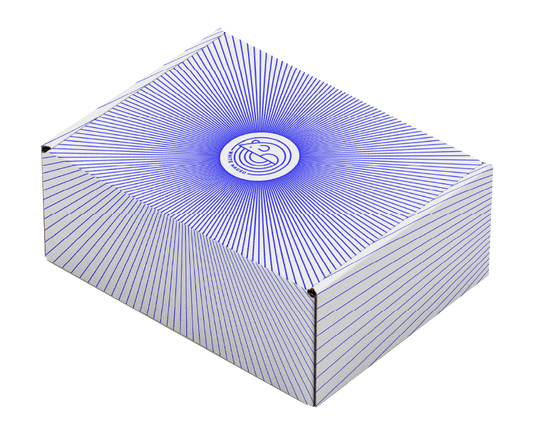 An image of a White Mausu branded box in white with blue lines and the logo in the centre.