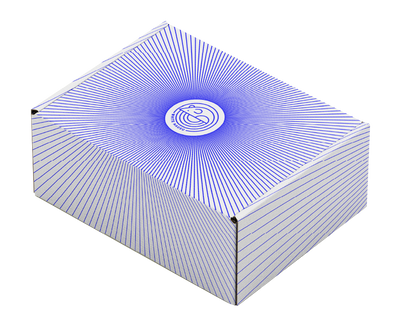 A image of a White Mausu branded white box with blue lines and the logo in blue in the middle.
